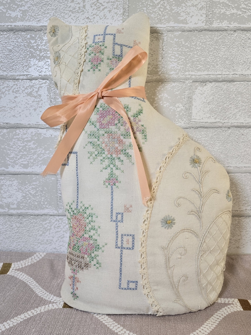 Vintage Handmade Embroidered Kitty Cat Shaped Pillow Decor Grannycore Floral